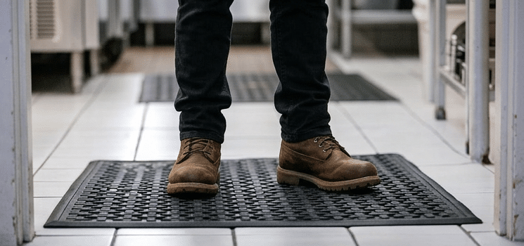 Ergonomisk ståmatte plassert ved en arbeidsstasjon i et profesjonelt produksjonsmiljø